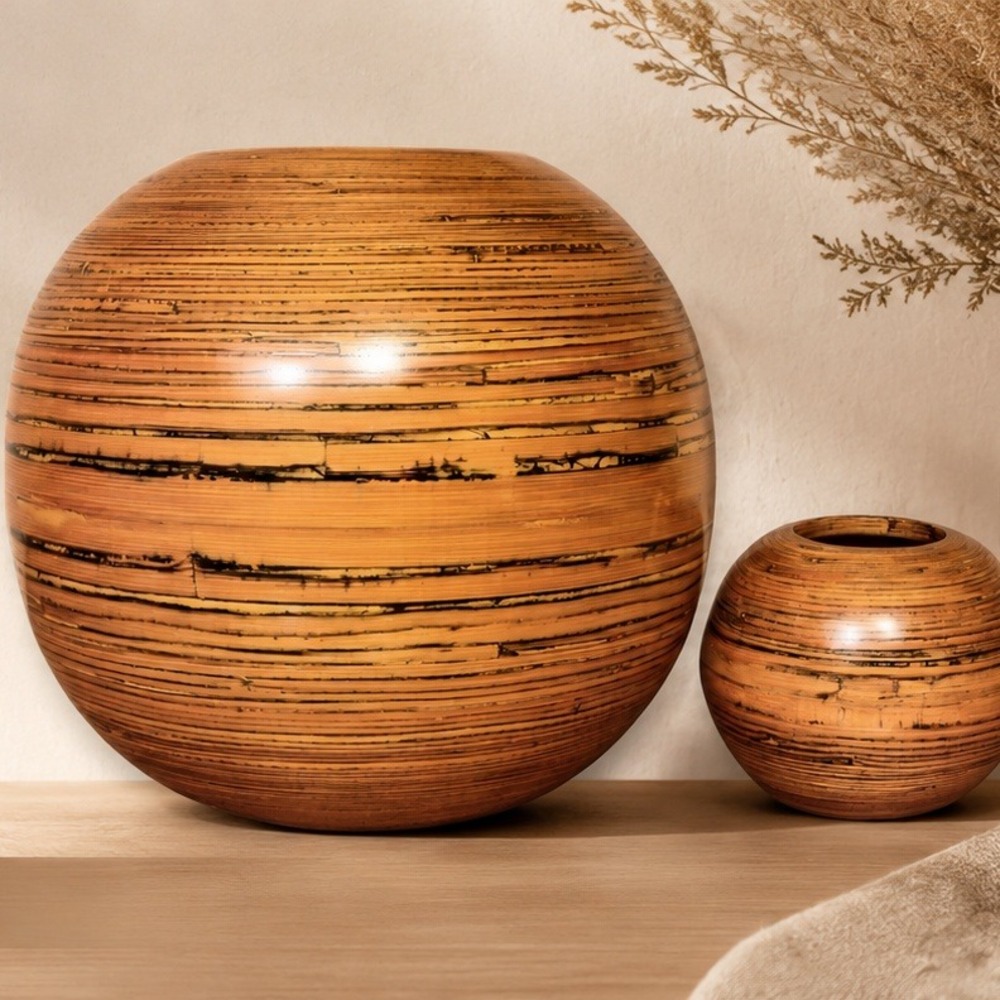 Vintage Bamboo Wood Vase Set, Handcrafted Decorative Orb Vase, MCM - Picture 1 of 8